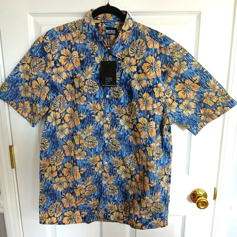 NWT MICROS Short Sleeve Mens Button Front Shirt XL Tropical Cruise Resort Beach